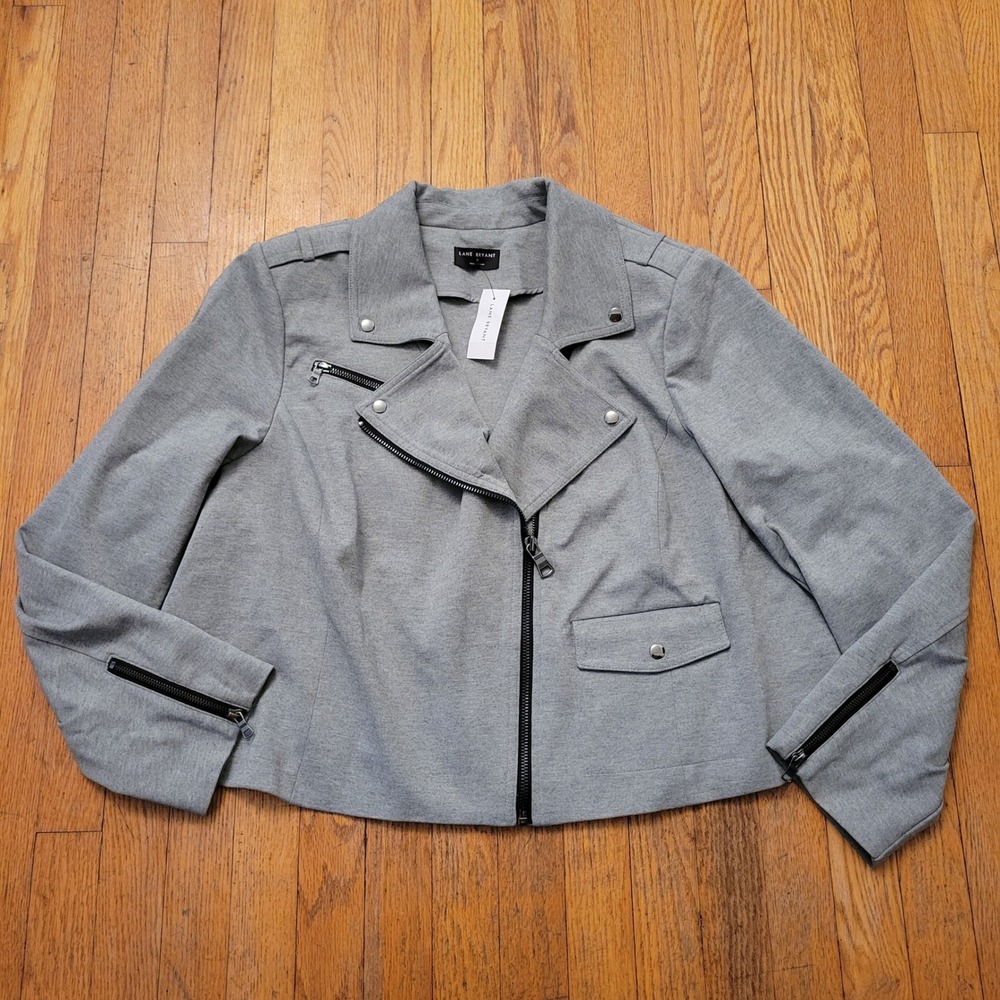 Lane‎ Bryant 22 Moto Jacket Grey Asymmetrical Zip Ponte Knit Layering Military